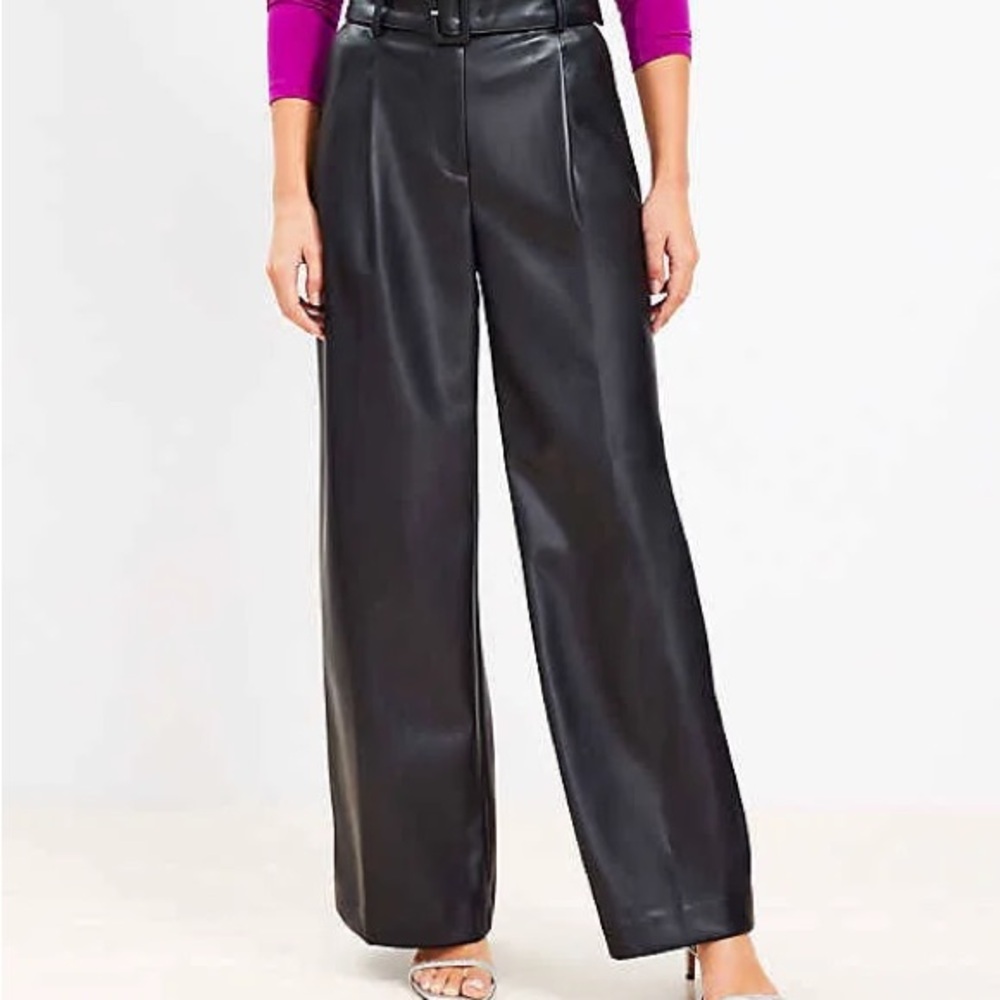 LOFT Black Faux Leather Wide-Leg Pants size 4.